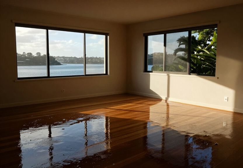 Flooded living room in Bayview home before restoration